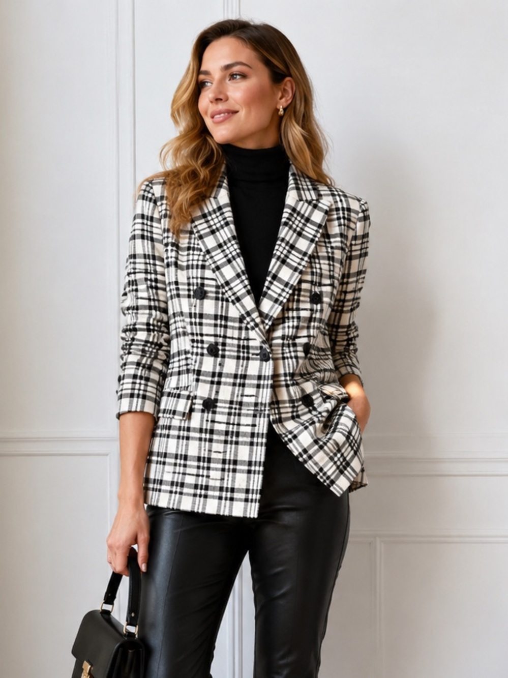 Anthropologie|Maison d’Amélie Paris Black & White Buffalo Plaid Button Blazer XS